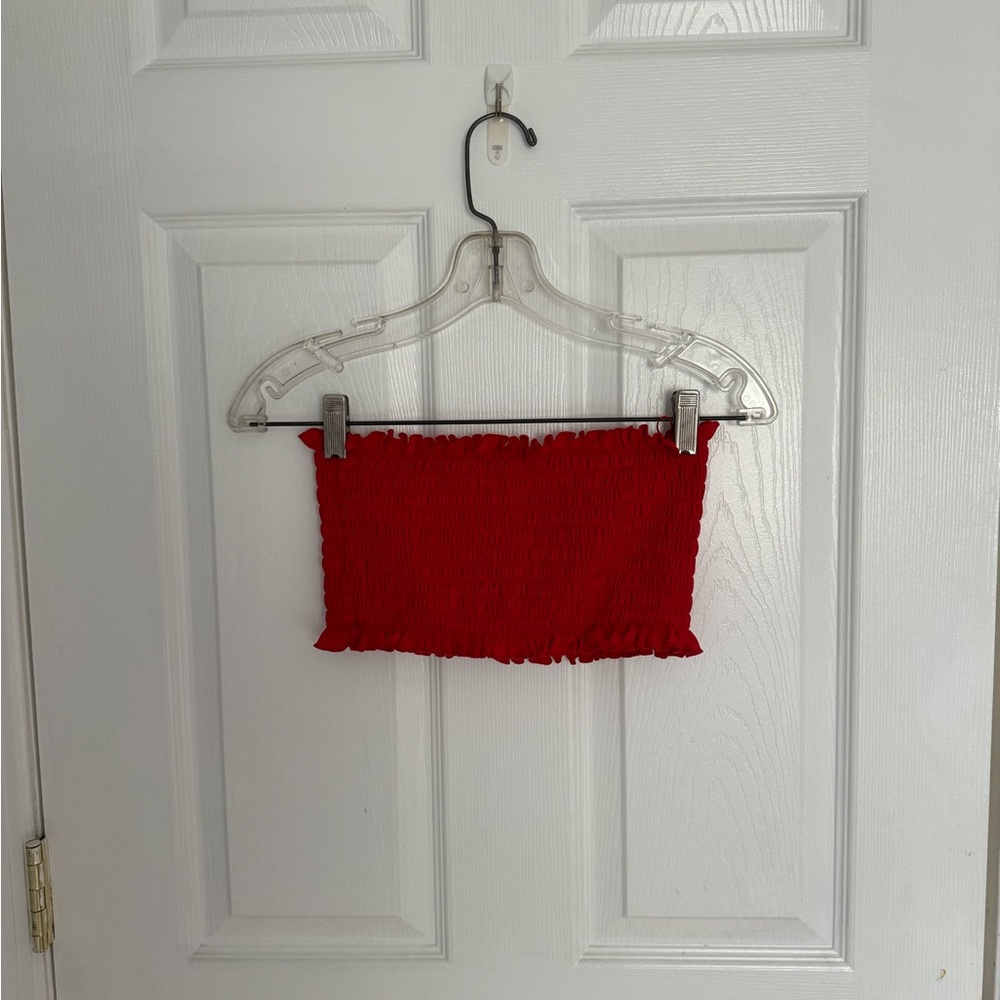 red smocked bandeau crop top